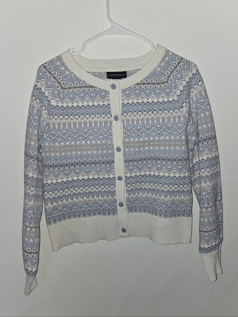 Cynthia Rowley Blue & White Fair Isle Knit Cardigan Sweater - Size M